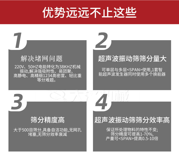 超声波振动筛优势：1，高效解决堵网问题220V，50HZ电能转化为38KHZ机械振动，解决强吸附性，易团聚，高静电，高精细1234高密度，轻比重等难题。2，超声振动筛筛分量大：可单层与多层使用1套只能超声波发生器同时使用多个换能器。3，适合大于500目筛分，具备自洁功能，无网孔堵塞，无筛分效率衰减。4，超声波振动筛筛分效率高：保证所处理物料的特性不变，筛分精度可提高1-70%。