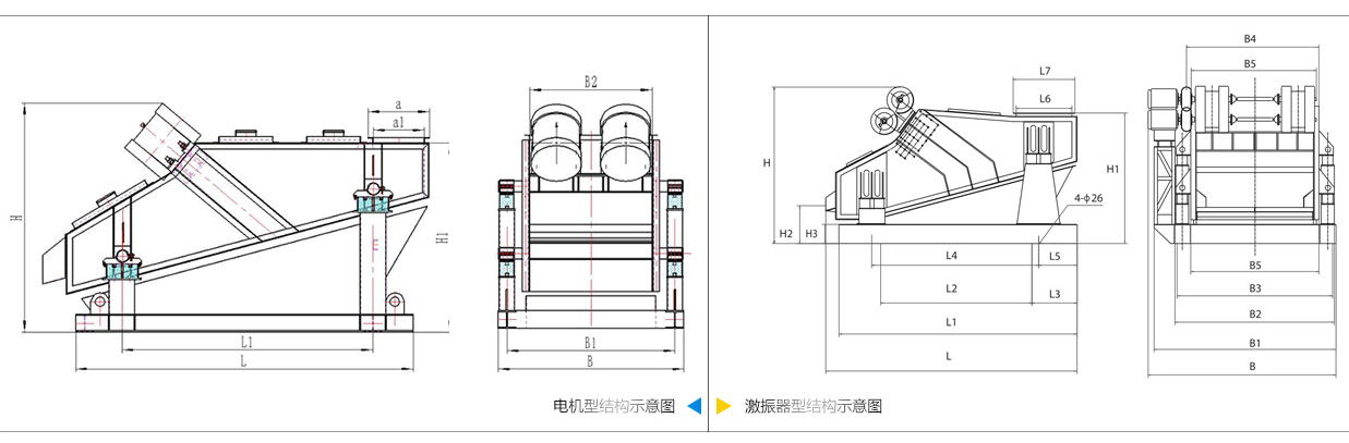 矿用振动筛电机振动式和激振器振动式的内部结构尺寸图。