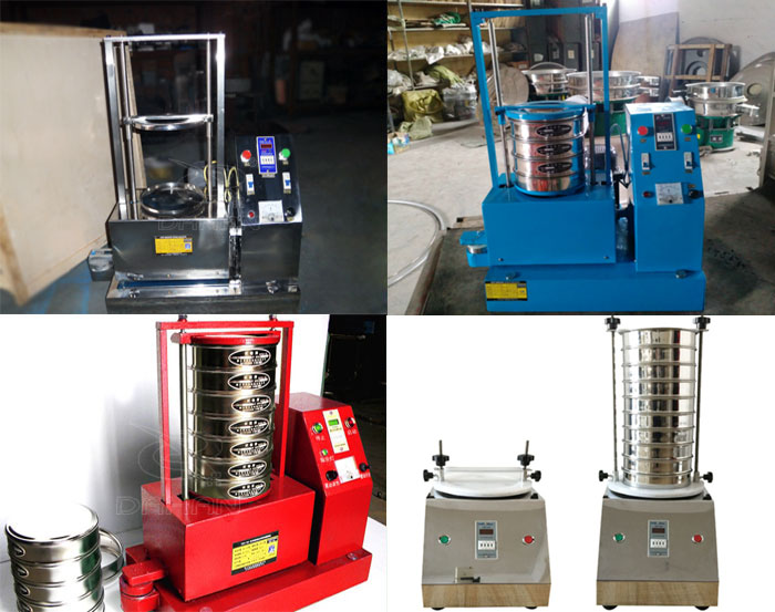 三种不同类型的试验筛，区别控制台在下部或在右侧。材质为不锈钢和碳钢两种，碳钢材质做了喷漆有：红色和蓝色两种。