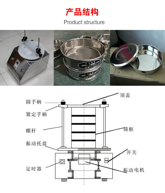 实验室振动筛-试验筛结构主要由：圆手柄，紧定手柄，螺杆，振动托盘，筛框，顶盖等。